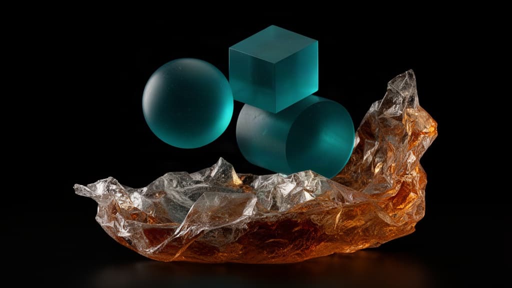 Composição abstrata com fragmento de vidro fosco âmbar sobrepondo formas geométricas translúcidas turquesa sobre fundo preto.