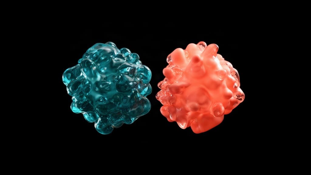 Duas formas organicas de vidro, uma turquesa e outra coral, flutuando alinhadas no fundo preto
