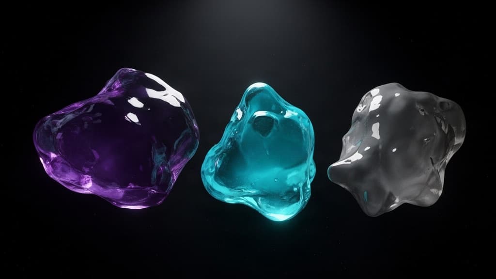 Três formas orgânicas abstratas em tons de roxo, ciano e cinza flutuando isoladamente sobre fundo preto