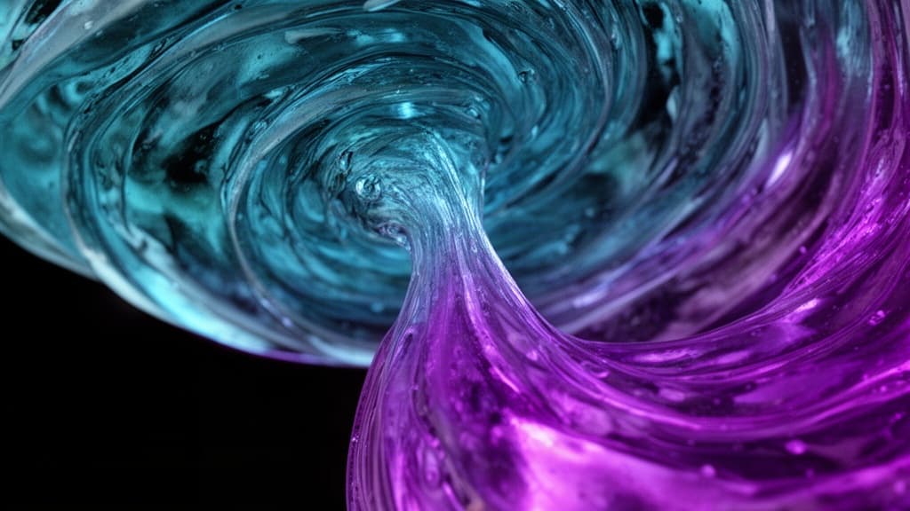 Espiral abstrata de vidro líquido em tons de ciano e violeta, mostrando um gargalo de fluxo sobre fundo preto