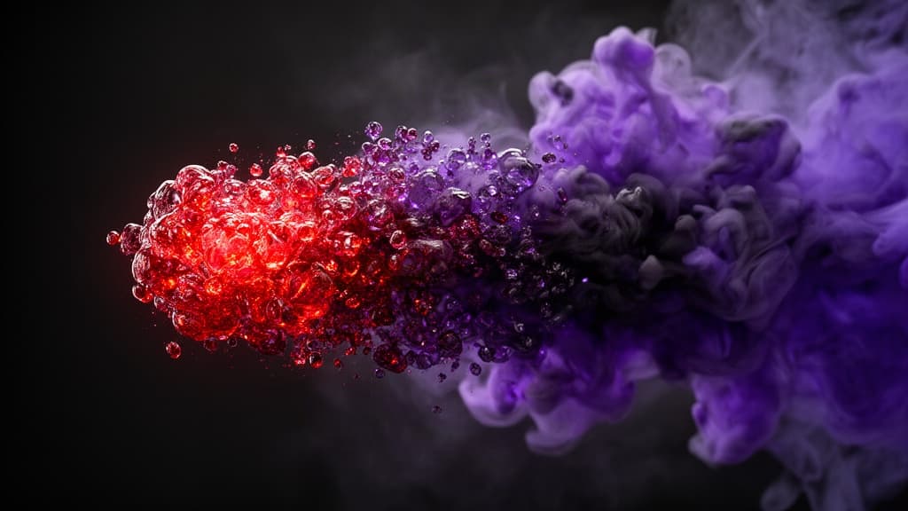 Representação abstrata de uma nuvem de plasma vermelho e roxo se dissipando em direção à escuridão, simbolizando a perda de informação.