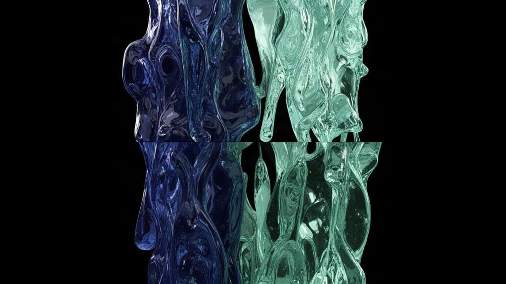 Escultura fluida abstrata em tons de índigo e verde menta sobre fundo preto, sugerindo a transformação de um fluxo contínuo em elementos estruturados.