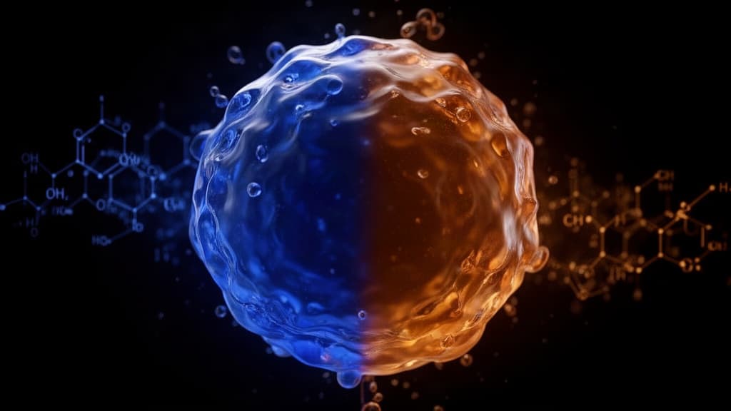 Esfera de fluido translúcido com gradientes de azul profundo e laranja terroso flutuando contra fundo preto