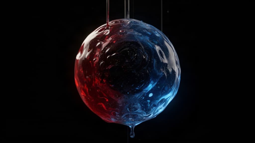 Esfera abstrata de vidro líquido com núcleo escuro, refletindo luzes vermelhas e azuis profundas sobre fundo preto