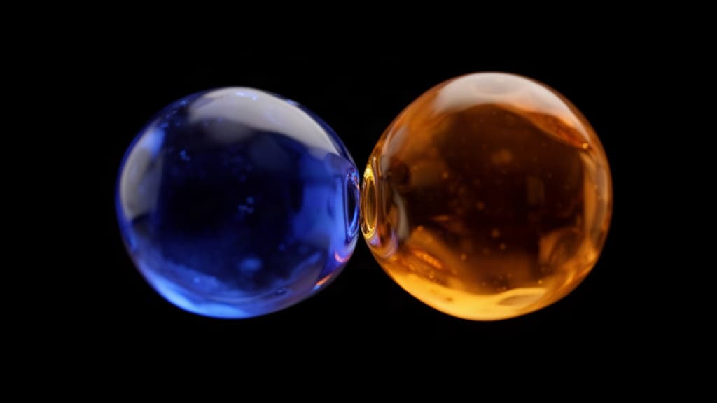 Duas esferas de vidro fluido e denso, uma azul e uma laranja, flutuando separadas no vazio preto, representando tensão entre correlação e causalidade.