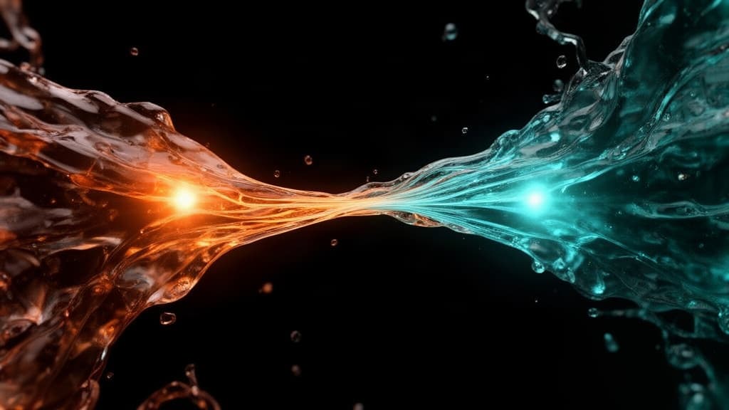 imagem abstrata mostrando fluxos de materiais laranja e ciano convergindo organicamente em um caminho unico de maior brilho sobre fundo preto, simbolizando otimizacao e inteligência emergente.