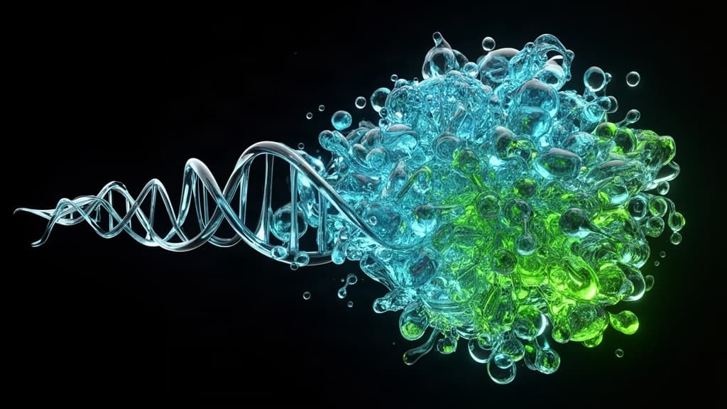 Uma representação abstrata de tecidos moleculares translúcidos em tons de ciano e verde ácido emergindo de um fundo preto, simbolizando a previsão de milhões de estruturas proteicas.