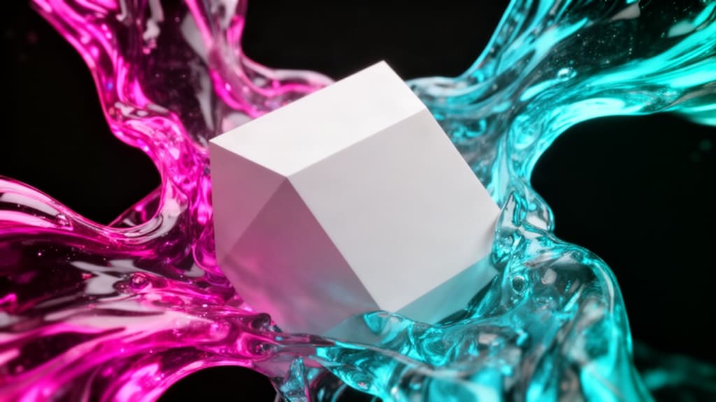 Ilustracao abstrata mostrando um objeto solido branco no centro sendo cercado por fluxos de vidro transparente nas cores rosa e ciano