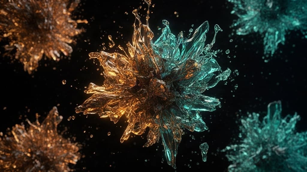 Estrutura abstrata de vidro e líquido com tons de âmbar e teal sobre fundo preto, simbolizando seleção e descarte de memórias.