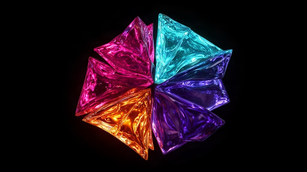 Uma estrutura abstrata e orgânica de vidro líquido, com cores quentes âmbar e magenta encontrando cores frias ciano e violeta, representando a separação cuidadosa de elementos técnicos em um fluxo de trabalho.