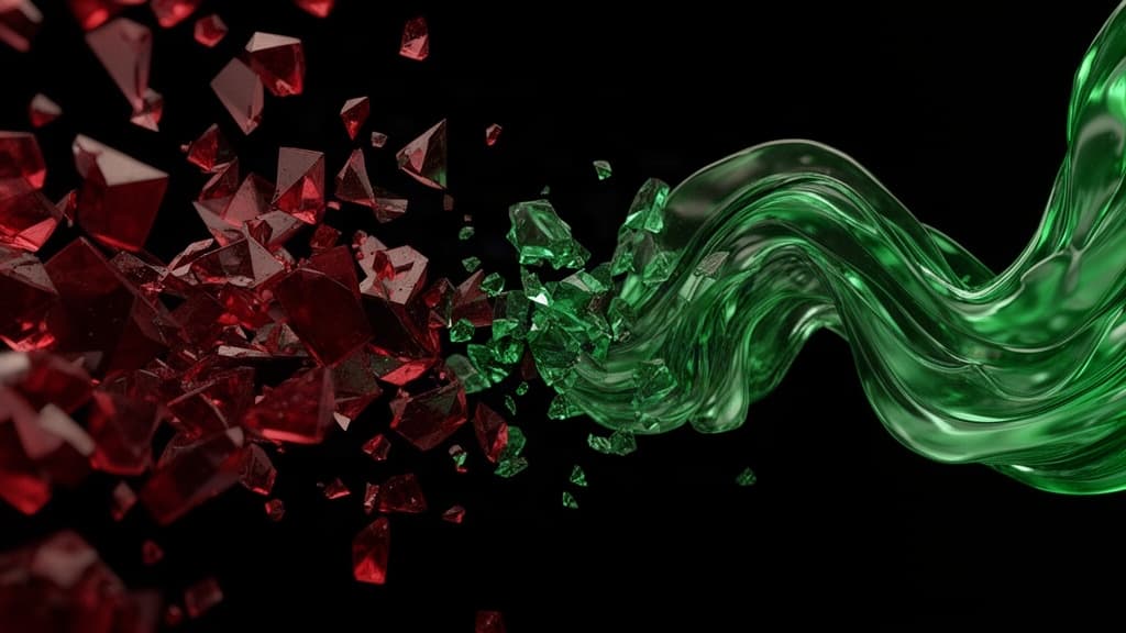 Representação abstrata de formas fragmentadas em vermelho e verde reunindo-se em uma estrutura coesa sobre fundo preto.