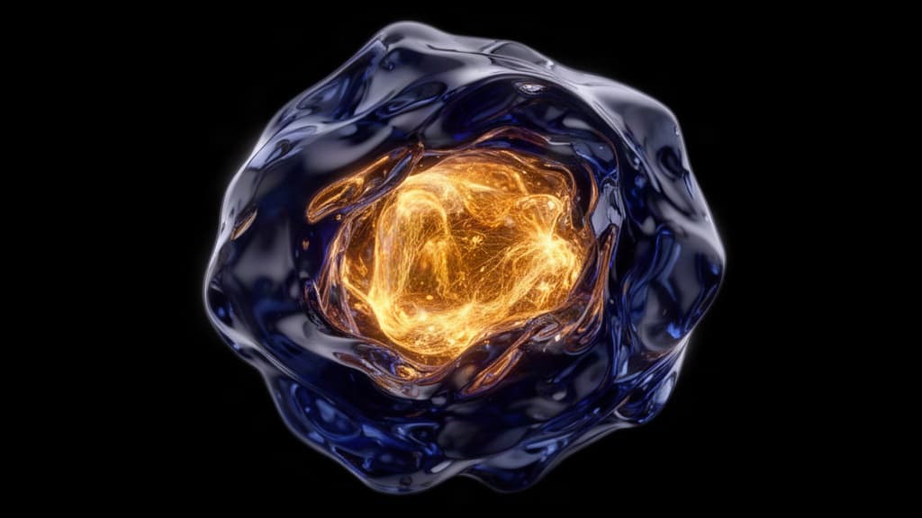 Renderização abstrata de uma massa líquida densa e orgânica em azul profundo, com um brilho âmbar interno que sugere energia matemática, sobre fundo preto.