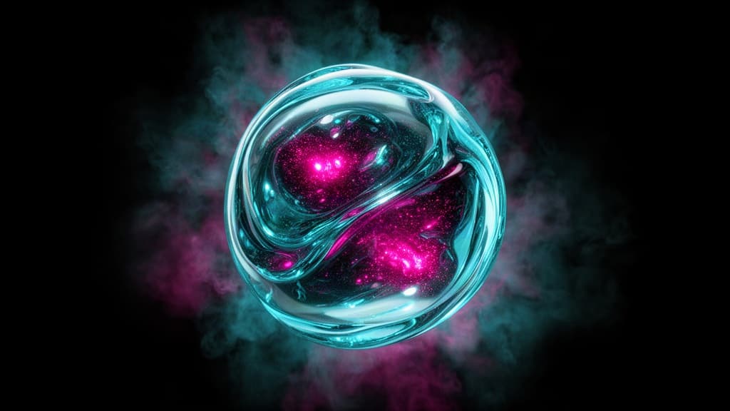 Uma esfera organica translucida em ciano profundo contendo luz magenta intensa, simbolizando eficiencia energetica e fluxo de informacao concentrado, contra um fundo preto