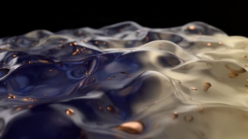 Renderização abstrata de uma superfície líquida e translúcida em tons de índigo, marfim e bronze, com formas orgânicas e profundidade, sobre fundo preto.